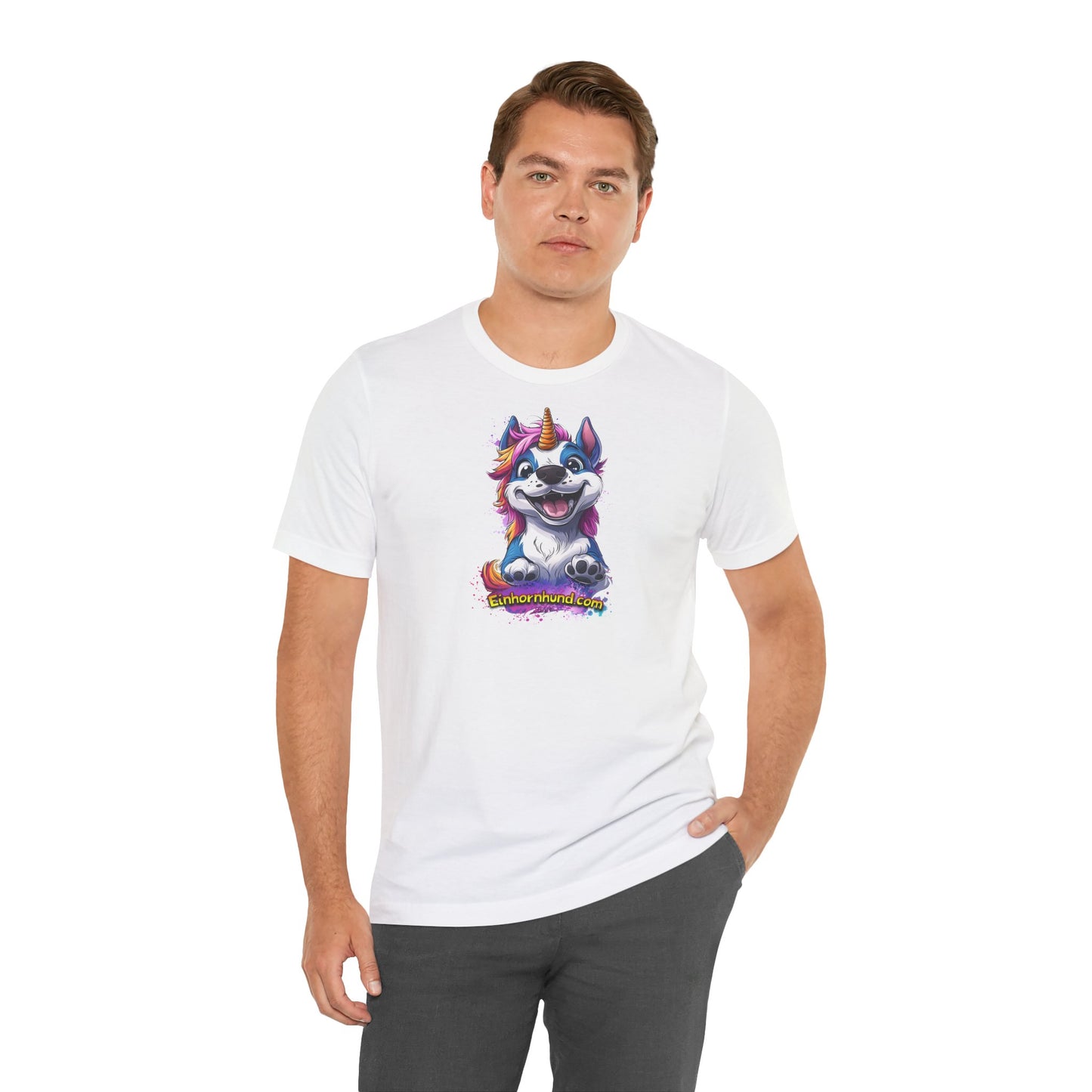 🦄🐾 Einhornhund T-Shirt – Magische Eleganz trifft flauschigen Charme! - Druck auf Vorderseite - Bella & Canvas 3001  🐾🦄